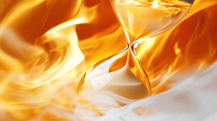 Wall Mural - close up of an hourglass with sand flowing, background is fire and flames,