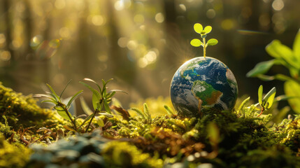 A detailed painting of a miniature Earth resting on lush green moss, tiny plant sprouting, early morning sun casting long shadows through a misty forest, creating an ethereal glow