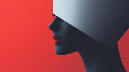 Poster - A woman's face with red lips is partially covered by a white shape on a red background.