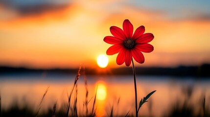 Wall Mural - Red flower in front of sunset over