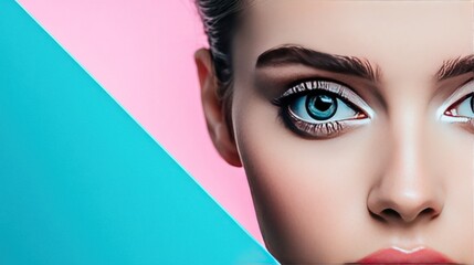 Sticker - Close-up of a woman's eye with blue eyeshadow and eyeliner, with a pink and teal background.