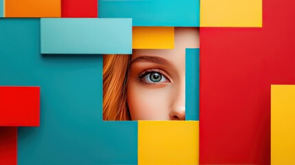 Wall Mural - A woman's eye peeking through a colorful, geometric design.