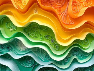 Wall Mural - A colorful paper art piece with a wave pattern. The colors are green, yellow, and orange