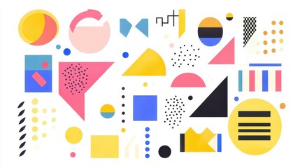 Vibrant Geometric Shapes, a striking assembly of colorful forms against a crisp white backdrop, embodying a contemporary digital aesthetic with bold hues and sharp contours.