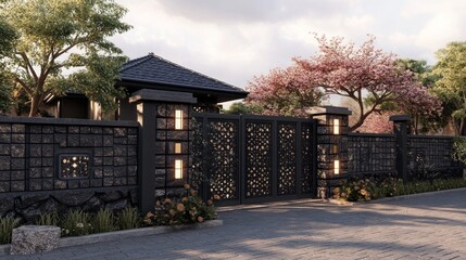 Poster - Modern black iron gate with intricate design,  stone wall and pillars with lights, and a paved walkway in front.