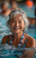 Wall Mural - A woman in a swimsuit is smiling in a pool. She is wearing a necklace and a bracelet