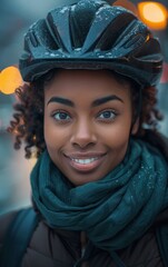 Wall Mural - A woman wearing a green scarf and a black helmet. She is smiling and looking at the camera