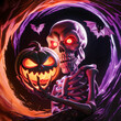 © Grafigator - halloween skeleton with horrible smiley pumpkin with dark background generative ai