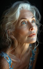 Poster - A woman with white hair and blue eyes is looking out the window. She is wearing a blue tank top