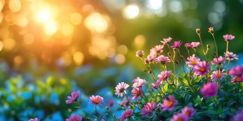 Wall Mural - soft focus with bokeh morning wildflower pink  flower field, beautiful nature spring summer field background with copy space