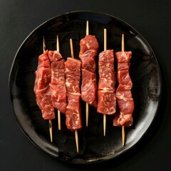 Poster - Appetizing raw meat skewers on a black plate showcasing a traditional, rustic style. The high-quality image is perfect for food blogs, culinary websites, recipe illustration, and cooking books. AI