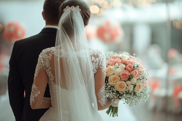 back view of pretty bride holding bridal bouquet with groom at wedding ceremony 