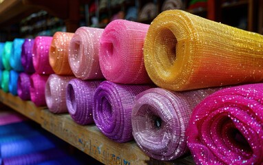 A row of colorful rolls of glittery fabric. The rolls are arranged in a rainbow pattern, with each color being a different shade. The rolls are stacked on top of each other