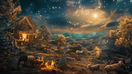 Canvas Print - Nativity Scene with a Starry Night Sky