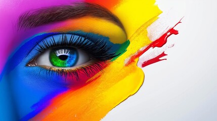 Wall Mural - A colorful eye with a blue iris. The eye is surrounded by a rainbow of colors, giving it a vibrant and lively appearance. The eye is the focal point of the image