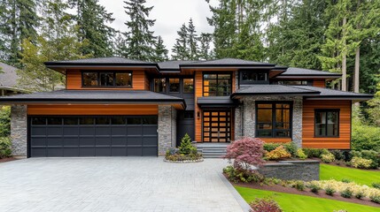 Poster - A modern house with a gray garage door, stone accents, and large windows sits on a paved driveway and green lawn with lush landscaping.