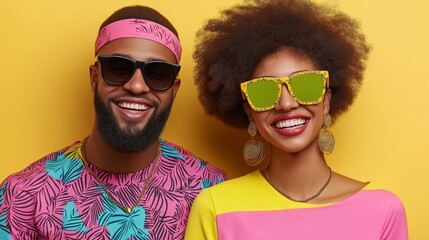 Wall Mural - A man and a woman are smiling and wearing sunglasses. The man is wearing a pink bandana and the woman is wearing a yellow and pink shirt