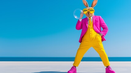 Wall Mural - A man in a pink suit and yellow pants is posing with a bubble. The image has a playful and fun mood, as the man is dressed in a formal suit and tie but is also wearing a bubble