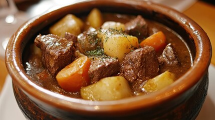 Classic beef stew with hearty chunks of meat and vegetables in a rustic bowl