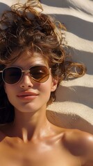 A woman with long brown hair and sunglasses is laying on the beach. She is smiling and she is enjoying her time