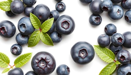 Wall Mural - Fresh blueberries with green leaves, close-up shot on a white background