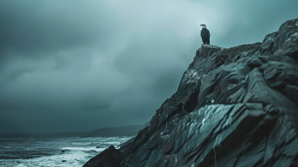 Wall Mural - A dramatic photograph of a bald eagle perched on a rocky cliff, ocean waves crashing in the background, misty atmosphere