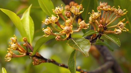 Clove on the tree with blooming flowers and fresh green