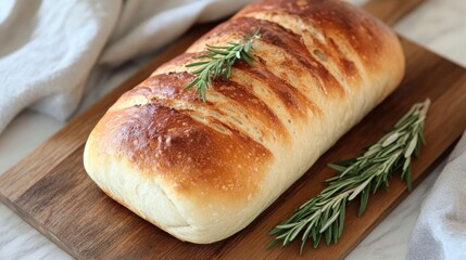 Freshly baked loaf of bread with a sprig of rosemary on a wooden cutting board