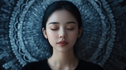 Poster - Close-up portrait of a young woman with closed eyes, set against a blue and white mandala background.