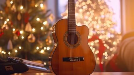 Sticker - Acoustic Guitar by the Christmas Tree