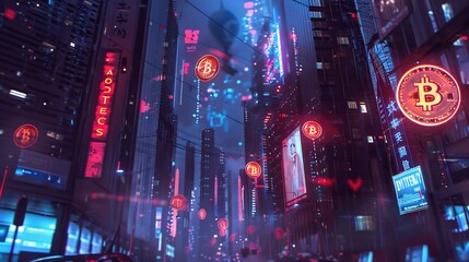 Wall Mural - Neon Cityscape with Bitcoin Signage