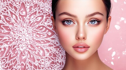 Poster - Close up portrait of a beautiful woman with soft pink background and sparkling white floral pattern.