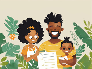 Sticker - A family of three, a man and two children, are holding a piece of paper. The man is smiling and the children are smiling as well. The paper appears to be a list or a checklist