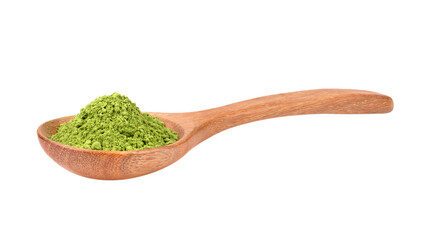 matcha green tea powder in wood spoon on transparent png