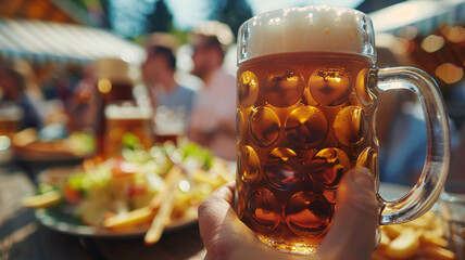 Wall Mural - Hand holding a beer stein at an Oktoberfest celebration