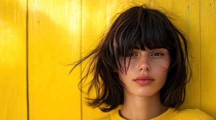 Canvas Print - A young woman with dark brown hair and bangs, looking away from the camera with a serious expression. Her hair is blowing in the wind, and she is wearing a yellow sweater.