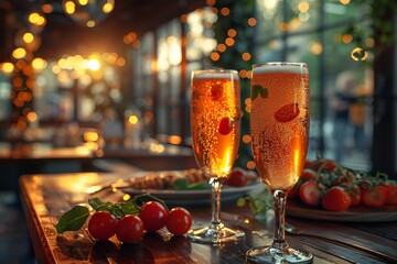 Two elegant glasses of champagne sit on a table adorned with fresh, ripe tomatoes.