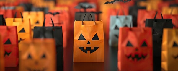 Wall Mural - Halloween candy bags with pumpkin, ghost, and bat motifs, vibrant and fun, editorial photography, empty space for text on side