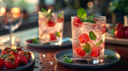 Two glasses of water infused with fresh strawberries and mint leaves.