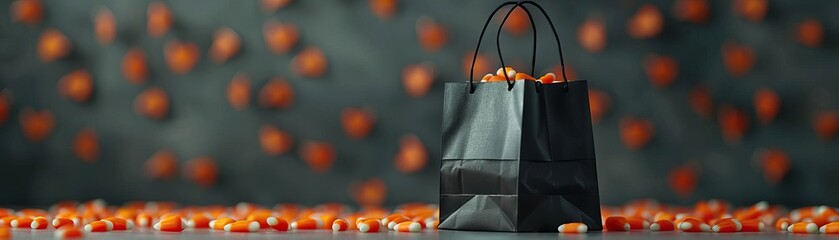 Wall Mural - Candy bags with Halloween motifs, filled with treats, festive and spooky atmosphere, editorial photography, empty copy space on the right