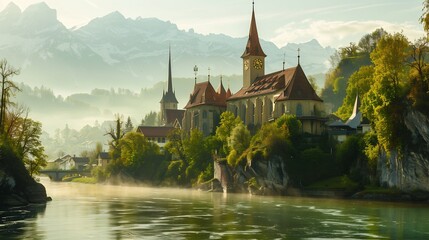 Wall Mural - Church on the Riverbank with Misty Mountains in the Background