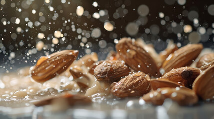 Wall Mural - A dynamic shot of multiple almonds being splashed by almond milk, with droplets and almonds in various positions. Strong directional lighting from the side, creating depth and shadows