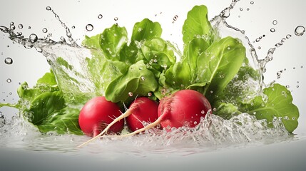 Two fresh radishes with green leaves, splashed with water.