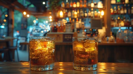 two glasses of liquid on a table.