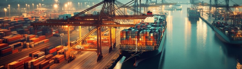 A bustling port at night with cranes, shipping containers, and a large cargo ship illuminated by lights, depicting marine trade and logistics.