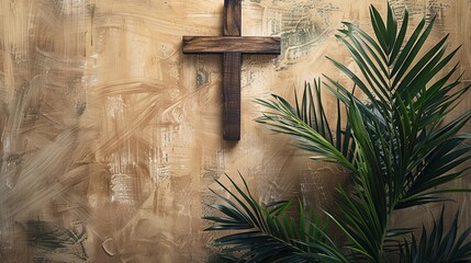 Canvas Print - Wooden Cross on a Tan Wall