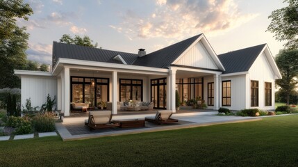 Modern farmhouse with large windows overlooking a patio with lounge chairs and a green lawn.