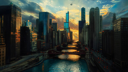 A stunning sunset over the Chicago skyline with skyscrapers and the river in view, capturing the essence of an urban cityscape