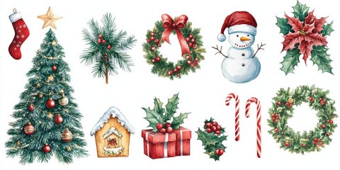 Wall Mural - Set of Christmas illustrative art decorations and decor isolated on white background