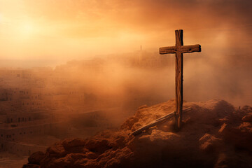 Hilltop cross with cityscape obscured by sandstorm.